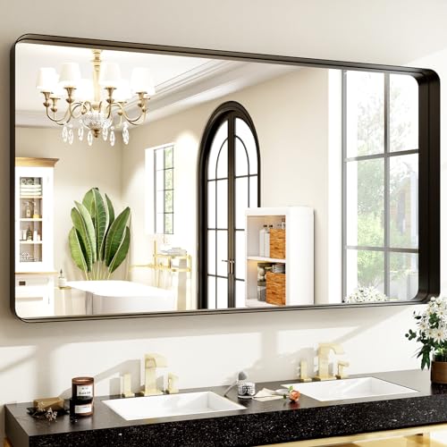 Easly 48"x30" Black Bathroom Mirror - Modern Black Mirror for Wall with Rounded Corners, Bathroom Mirrors for Vanity, Aluminum Alloy Framed Mirror Portrait or Landscape Hang - color: Black, size: 48"L x 30"W
