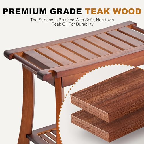 Teak Shower Chair Stool, 24" Shower Bench Seat, Wooden Bathroom Bench with Storage Shelf for Indoor & Outdoor Use - size: 24"