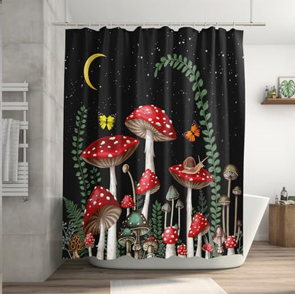 Black Mushroom Shower Curtains 72 x 72 Inch, Waterproof Fabric Rustic Retro Mushroom Moon Butterfly Botanical Bathroom Shower Curtain with 12 Hooks - color: Black Mushroom, size: 72"W x 72"L (Pack of 1)