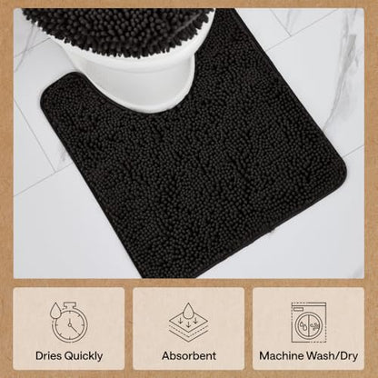 GORILLA GRIP Bathroom Rug Sets 3 Piece, Bath Mat Set and Oval Toilet Base with Rubber Backing, Plush Absorbent Shaggy Chenille Washable Mats, Includes 24x19.5, 24x17 and 36x24 Inch Rugs, Black - color: Black, style: 24"x19.5" + 24"x17" + 36"x24" - 3 Pack