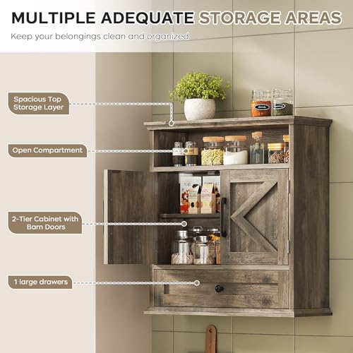 Bathroom Wall Cabinet, Wall Mounted Medicine Cabinet 24.4"H x 23.6"W x 9"D | With Drawer, Barn Doors & Adjustable Shelf, Grey Over Toilet Farmhouse Storage Cabinet for Kitchen, Laundry Room, Entryway - color: Grey