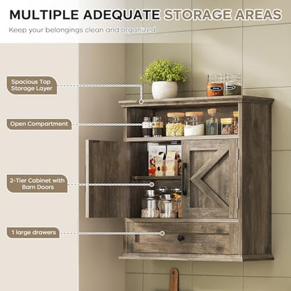 Bathroom Wall Cabinet, Wall Mounted Medicine Cabinet 24.4"H x 23.6"W x 9"D | With Drawer, Barn Doors & Adjustable Shelf, Grey Over Toilet Farmhouse Storage Cabinet for Kitchen, Laundry Room, Entryway - color: Grey