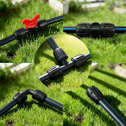 18 Pack 1/2 Inch Drip Irrigation Fittings Kit (1/2" ID x 0.6-0.65" OD), 1/2'' Dripline Barbed Connectors with Anti-Drop Lock Nuts - 4 Tees, 4 Couplings, 4 Ends, 4 Elbows, 2 Valves - size: 1/2" Nut Fitting Kit-18P
