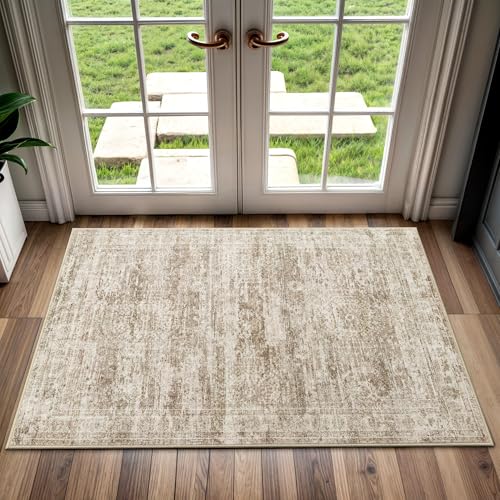 Soalmost 2x3 Washable Rugs for Kitchen, Entryway, Small Area Rug Brown | Non-Slip Vintage Low Pile Throw Door Mat For Bathroom Entry Laundry Powder Room, Stain Resistant Indoor Entrance Floor Carpet - color: Brown, size: 2' x 3' (Rectangular)