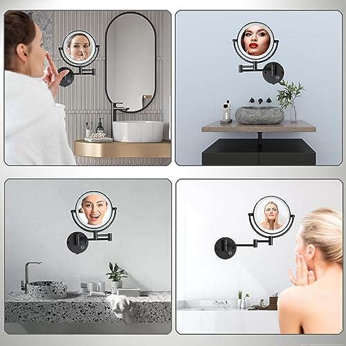 Wall Mounted Makeup Mirror with Light, 5X Magnification, Matte Black | Rechargeable, Extended Arm 360 Rotation,1X/5X, 2 Sided, 8" Bathroom Shaving Vanity, No Pre-Installed Wire, SEALANT FIX - color: Matt Black