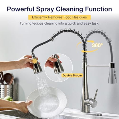Kitchen Faucet with Soap Dispenser, Single Handle Stainless Steel Transitional Sink Faucet with Pull Down Sprayer 1 or 3 Hole, Suitable for Farmhouse Laundry Camper RV Bar, Brushed Nickel - color: Brushed Nickel, style: Modern(with Soap Dispenser)