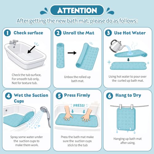 Baby Bath Mat for Tub Non Slip Kids, BPA Free Extra Long Bathtub Mat 40x16 with Drain Holes and 200 Suction Cups, Non Toxic Machine Washable Toddler Bath Mat, Eco-Friendly Certified - color: Ltblue 2fish Joy