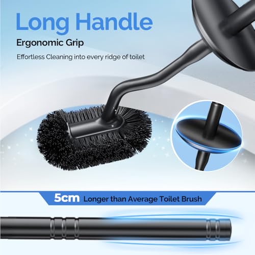 HAMITOR Toilet Brush and Holder Set Wall-Mounted Under Rim Deep Cleaning | Stainless Steel, Heavy Duty Curved Bristle, Space Saving Bowl Cleaner Brush, For Home RV Bathroom Accessories, Black, 1 Pack - color: Black