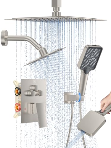 Woindo Shower Faucet Set, 10" Ceiling Mount Rainfall Shower System with 2 Rain Shower Head and Multi-function Handheld Head Push Button Diverter Shower Faucet Trim Kit - color: Brushed Nickel, style: 10"-Ceiling-01
