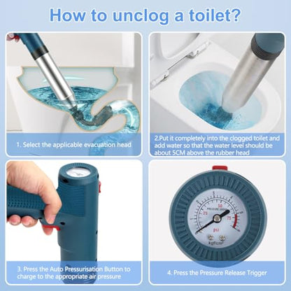 Electric Toilet Plunger High Pressure Electric Air Drain Blaster Gun with Visual Barometer，Air Power Plunger for Bathroom,Kitchen Bathtub Toilet Floor Drain Clog Remover-Blue - color: Blue
