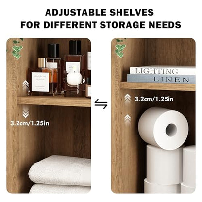 RUSTOWN Boho Rattan Bathroom Wall Cabinet with Sliding Door, Rustic Oak | Farmhouse Bathroom Cabinet, Adjustable Shelves, Over The Toilet Storage Cabinet, 3-Tier Wall Mounted Cabinets - color: Natural Oak