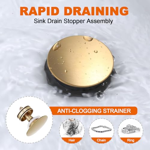 Bathroom Sink Drain Without Overflow, Brushed Gold Bathroom Sink Stopper for Vanity Vessel Sink, Rapid Draining Stainless Steel Pop Up Drain with Hair Catcher Anti-Clog Strainer - color: Brushed Gold
