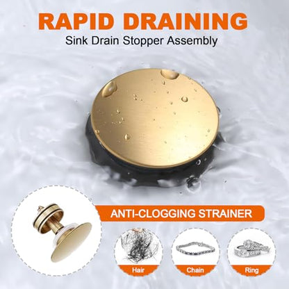Bathroom Sink Drain Without Overflow, Brushed Gold Bathroom Sink Stopper for Vanity Vessel Sink, Rapid Draining Stainless Steel Pop Up Drain with Hair Catcher Anti-Clog Strainer - color: Brushed Gold