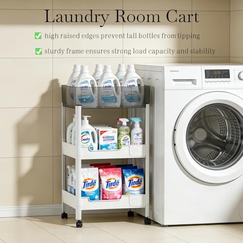 3 Tier Rolling Cart with Wheels 4.7'' Deep Baskets Bathroom Storage Shelf Heavy Duty Plastic Bedside Cart, Large Capacity Snack Stand Diaper Caddy Laundry Room Kitchen Organizer, White - size: 3-tier
