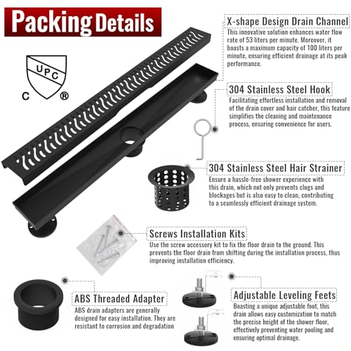 Linear Shower Drain, 32 inch Matte Black | Including Hair Catcher and Removable Grate, 304 Stainless Steel, Easy to Install and Clean (Drain Base Not Included) - color: Matte Black, size: 32 inch