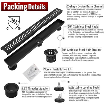 Linear Shower Drain, 32 inch Matte Black | Including Hair Catcher and Removable Grate, 304 Stainless Steel, Easy to Install and Clean (Drain Base Not Included) - color: Matte Black, size: 32 inch