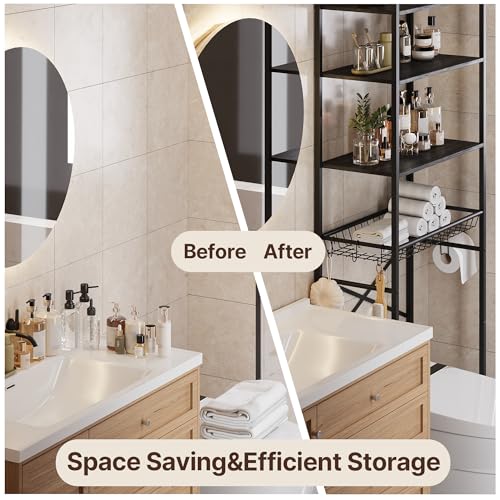 Gizoon Over-The-Toilet Storage Rack with Adjustable Shelf and Basket, 4-Tier Freestanding Space Saver Bathroom Shelves Above Toilet for Room - color: Dark Brown