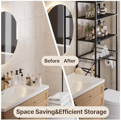 Gizoon Over-The-Toilet Storage Rack with Adjustable Shelf and Basket, 4-Tier Freestanding Space Saver Bathroom Shelves Above Toilet for Room - color: Dark Brown