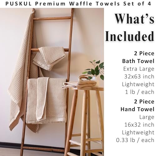 PÜSKÜL Natural 100% Turkish Cotton Waffle Towels Set of 4-Piece, Beige | 2-Bath sheet (Extra-large 32x63") and 2-Hand towel (Large 32x16"). Premium honeycomb-waffle weave, oeko-tex made in Turkiye. - color: Beige