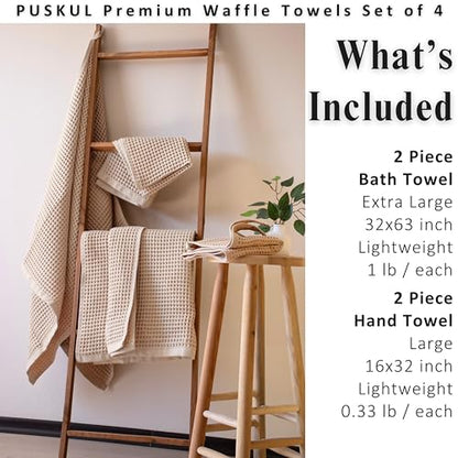 PÜSKÜL Natural 100% Turkish Cotton Waffle Towels Set of 4-Piece, Beige | 2-Bath sheet (Extra-large 32x63") and 2-Hand towel (Large 32x16"). Premium honeycomb-waffle weave, oeko-tex made in Turkiye. - color: Beige
