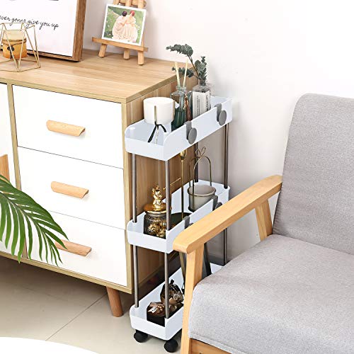 3-Tier Slim Mobile Shelving Unit on Wheels, Slide Out Rolling Bathroom Storage Organizer, Utility Carts Shelf Rack for Kitchen Bathroom Laundry Room Narrow Places, White - color: White - 3 Tier