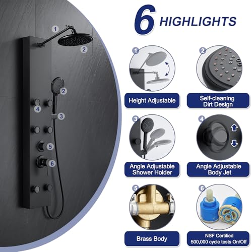 ROVATE Shower Panel Tower System with Adjustable 6 Body Jets, Matte Black | Stainless Steel Shower Column with Height Adjustable Shower Arm, Self-Cleaning Rainfall Shower & Handheld, Rough-in Valve - color: Matte Black, style: 3-Function
