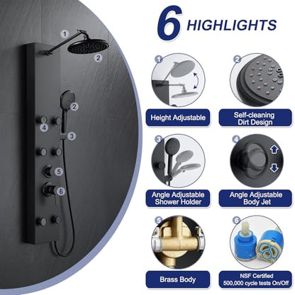 ROVATE Shower Panel Tower System with Adjustable 6 Body Jets, Matte Black | Stainless Steel Shower Column with Height Adjustable Shower Arm, Self-Cleaning Rainfall Shower & Handheld, Rough-in Valve - color: Matte Black, style: 3-Function