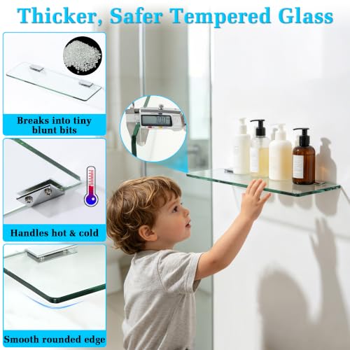 Alise Glass Shelves for Bathroom,15 Inch Wall Mounted Floating Shelf,Chrome | Tempered Glass Shelf,Metal Brackets,Rectangular,Floating Glass Shelves,Over Toilet,Vanity,Bedroom,Kitchen,1 Pack - color: Chrome