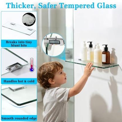 Alise Glass Shelves for Bathroom,15 Inch Wall Mounted Floating Shelf,Chrome | Tempered Glass Shelf,Metal Brackets,Rectangular,Floating Glass Shelves,Over Toilet,Vanity,Bedroom,Kitchen,1 Pack - color: Chrome