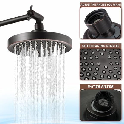 High Pressure Rain Shower Head with 11'' Extension Arm - High Flow Rainfall Showerhead - Luxury Modern Look - Pressure Boosting (Round, Oil Rubbed Bronze) - color: Oil Rubbed Bronze, style: 6" Round