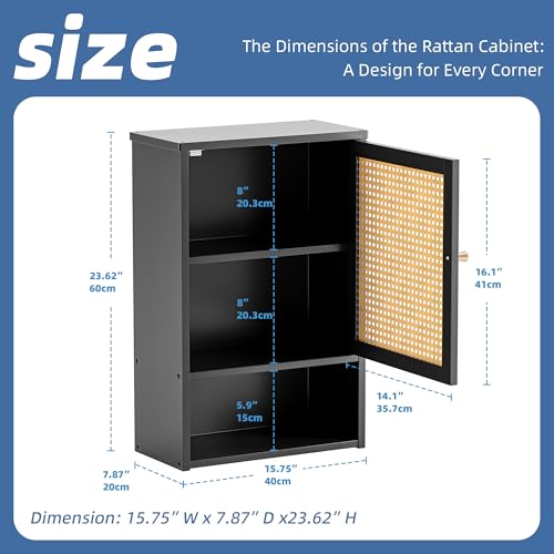 HITNET Wall Cabinet, Rattan Medicine Cabinet Over the Toilet with Adjustable Shelf, Space Saving Bathroom Hanging Storage for Small Space, Black - color: Black
