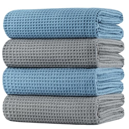 POLYTE 430 GSM Poly Blend Microfiber Quick Dry Waffle Bath Towel, 30x60 in | 4 Pack, Oversize, Lint Free, Body Towel - color: Gray,blue