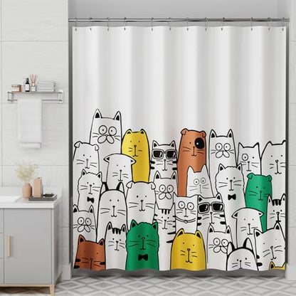 AmazerBath Shower Curtain, Washable Cute Kitty Carnival Cloth Shower Curtain Set with 12 Metal Hooks, Kawaii Waterproof Fabric Black and White Shower Curtain for Kids' Bathroom, 72x72 Inches - color: D- Kitty Carnival+12 Metal Hooks, size: 72"W x 72"L (Pa