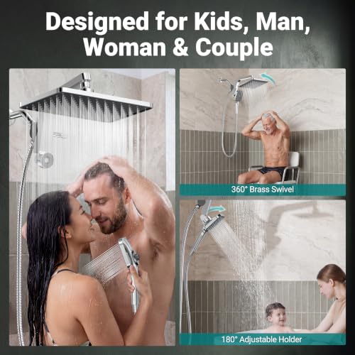 12" XXL Rainfall Shower Head with Handheld Combo, Chrome Polished | High Pressure, Magnetic Docking, Air-Infusion Tech, Anti-Leak One-Piece Design, Dual Square Showerhead - color: Chrome Polished