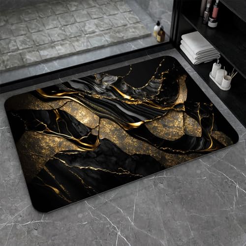 Bath Mat-Bathroom Rug，Black and Metallic Gold Marble-Absorbent Non Slip Quick Dry Stain Resistant Easy to Clean Care Shower Rug for Bathtub Shower Room 16×24Inch (40 * 60cm) - color: Black and Metallic Gold Marble-, size: 16 x 24 inches