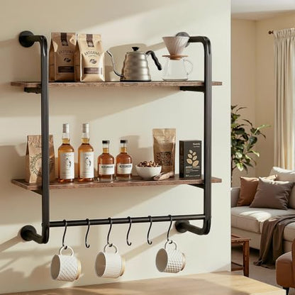 2 Tier Industrial Pipe Floating Shelf, 24" Kitchen Wall Shelves | with Towel Bar & 6 Hooks, Coffee Bar Shelves Display Bookshelf Wall Shelf for Kitchen, Bathroom, Home Décor, Rustic Brown - size: 24 Inch（2 Tier）