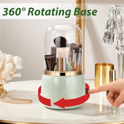 360º Rotating Toothbrush Holder with Cover, Dustproof Waterproof Cosmetic Organizer, 7-Slot Bathroom Countertop Organizer with Drainage for Makeup Brushes, Electric Toothbrushes, Toothpaste - color: Green