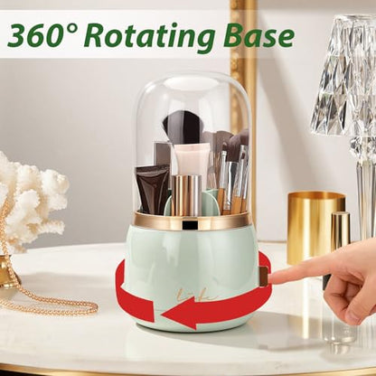 360º Rotating Toothbrush Holder with Cover, Dustproof Waterproof Cosmetic Organizer, 7-Slot Bathroom Countertop Organizer with Drainage for Makeup Brushes, Electric Toothbrushes, Toothpaste - color: Green