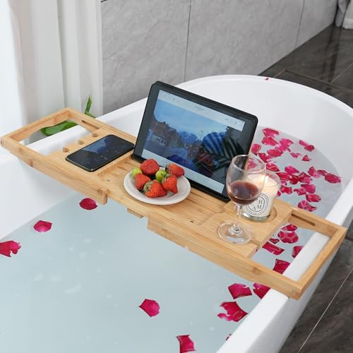 Utoplike Bamboo Bathtub Caddy Tray for Tub, Expandable Bath Table Trays | Adjustable, Bathroom Organizer with Book Tablet Stand, Wine Glass Cup, Towel Holder (24.5"-37.4") - color: 24.5-37.4 in