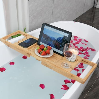 Utoplike Bamboo Bathtub Caddy Tray for Tub, Expandable Bath Table Trays | Adjustable, Bathroom Organizer with Book Tablet Stand, Wine Glass Cup, Towel Holder (24.5"-37.4") - color: 24.5-37.4 in