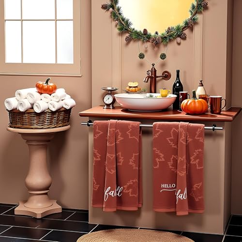 2 Pack Fall Hand Towel Jacquard Embroidered Cotton Kitchen Towels Farmhours Thankful Bath Towels Set Thanksgiving Bathroom Decor (Maple Hello Fall, 2*Hand Towel) - color: Maple Hello Fall