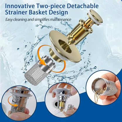 Bathroom Sink Drain Strainer,(4PCS) Pop-up Sink Drain Strainer with Removable Stainless Steel Strainer Basket Hair Catcher, Bathroom Sink Strainer for Bathroom Sink Stopper Replacement - color: 4, Brushed Gold