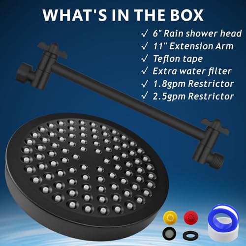 High Pressure Rain Shower Head with 11'' Extension Arm - High Flow Rainfall Showerhead - Luxury Modern Look - Pressure Boosting (Round, Matte Black) - color: Matte Black, style: 6" Round
