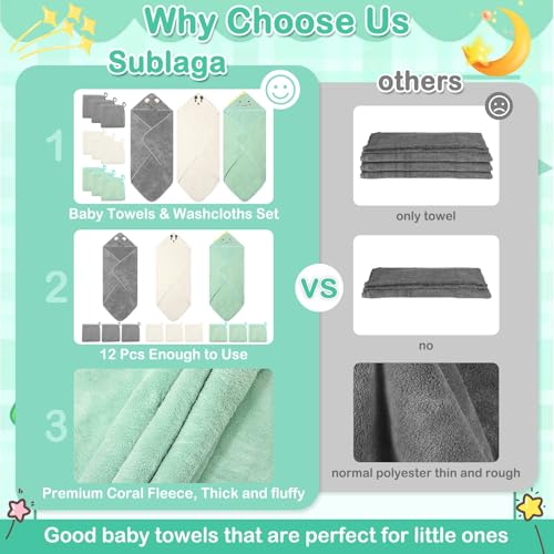 Sublaga 12 Pcs Baby Towels and Washcloths Set, 3 Pcs Baby Bath Towels & 8 Pcs Washcloths Set, Cute Baby Towels, Ultra Absorbent Soft Newborn Bath Essentials Gifts for Boys & Girls - color: Green Dinosaur, White Bear, Gray Bear