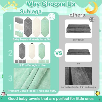 Sublaga 12 Pcs Baby Towels and Washcloths Set, 3 Pcs Baby Bath Towels & 8 Pcs Washcloths Set, Cute Baby Towels, Ultra Absorbent Soft Newborn Bath Essentials Gifts for Boys & Girls - color: Green Dinosaur, White Bear, Gray Bear