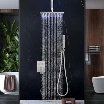 Aolemi Ceiling Shower Faucet Set with Handheld 16" LED Head Brushed Nickel | Handheld Spray,16 Inch Rain LED Head,Shower Valve and Trim Kit,All Metal,Ceiling System,Bathroom Mixer - color: Nickel, size: 16 Inch LED Shower Head