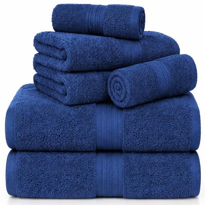 100% Cotton Bathroom Towel Set, 600 GSM, Soft & Absorbent, 6 Piece Set (2 Bath Towels, 2 Hand Towels, 2 Washcloths), Navy Blue - color: Navy, size: Towel Set of 6
