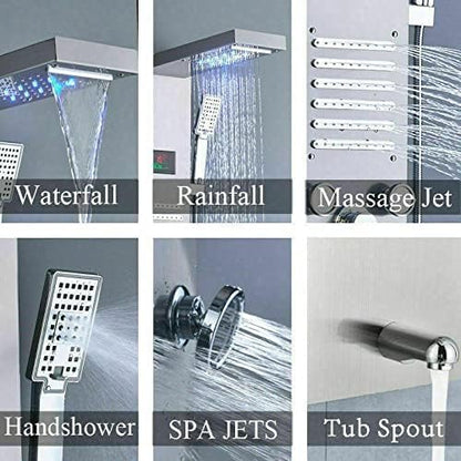 Brushed Nickel LED Rainfall Shower Panel Tower Faucet Massage Suit Body Jets