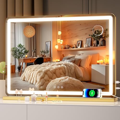 Hasipu Vanity Mirror with Lights, 27.6" x 20" LED Makeup Mirror, Lighted Makeup Mirror with Dimmable 3 Modes, Touch Screen Control Vanity Mirror Round Gold - color: Gold, size: 27.6"L x 20"W