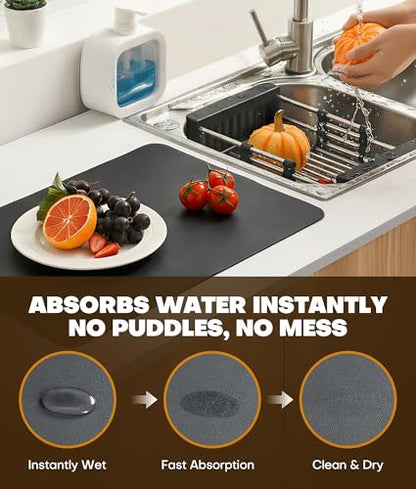 Dish Drying Mat 16 x 24 Inch, Super Absorbent & Quick Dry Kitchen Counter Mat, Hide Stain, Rubber Backed, Non-Slip Drying Pad for Dishes, Coffee Bar Accessories, Dark Gray